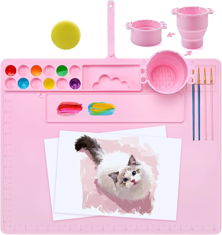 Silicone Painting Mat with Removable Foldable Cleaner Cup, 20"×16" Silicone Art Mat with Palette... | Amazon (US)