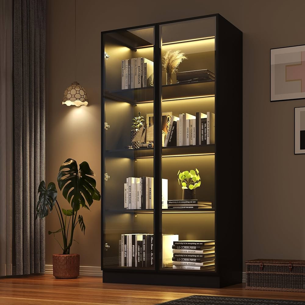 Display Storage Cabinet,Display Cabinet with Tempered Glass Doors, Showcase with 4-Tier Storage S... | Amazon (US)