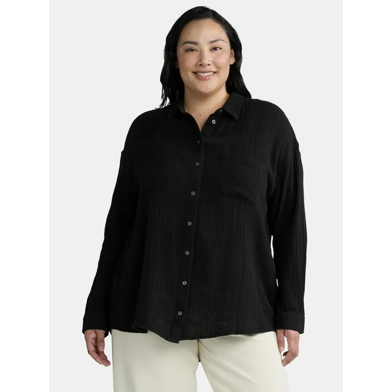 Time and Tru Women's and Women’s Plus Double Cloth Shirt, Sizes S-4X | Walmart (US)