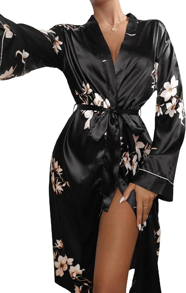 WDIRARA Women's Floral Print Long Sleeve Satin Long Robe Bridesmaid Wedding Party Robe | Amazon (US)