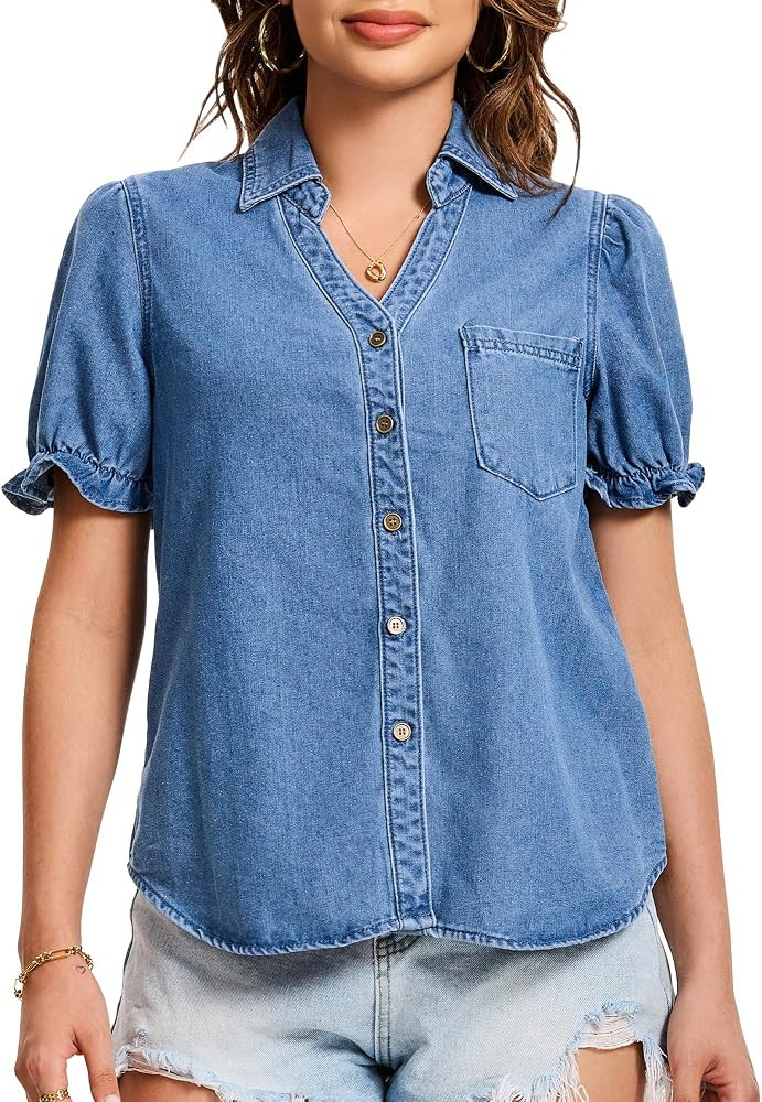 Womens Denim Shirt Short Sleeve V Neck Button Front Pullover Jean Summer Tops | Amazon (US)
