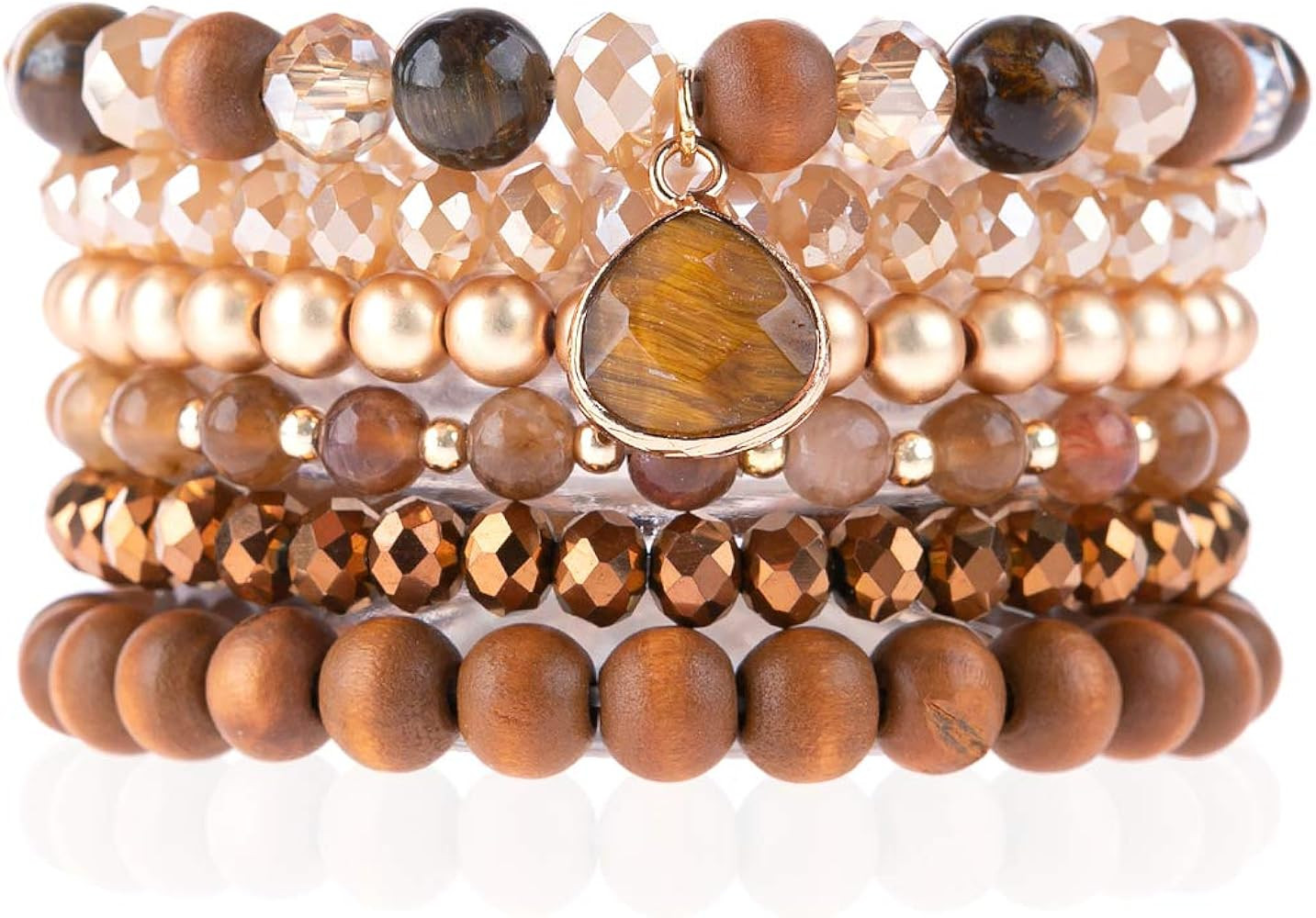 RIAH FASHION Bohemian Natural Stone Beaded Multi Layer Stacking Statement Bracelets - Sparkly Cry... | Amazon (US)