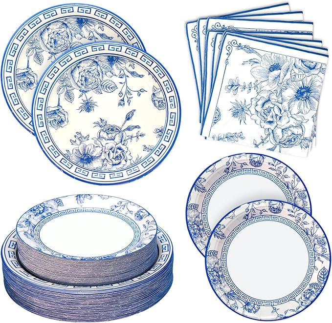 180PCS Blue White Floral Party Supplies Serve 60, Blue Flower Party Paper Plates and Napkins Kit ... | Amazon (US)