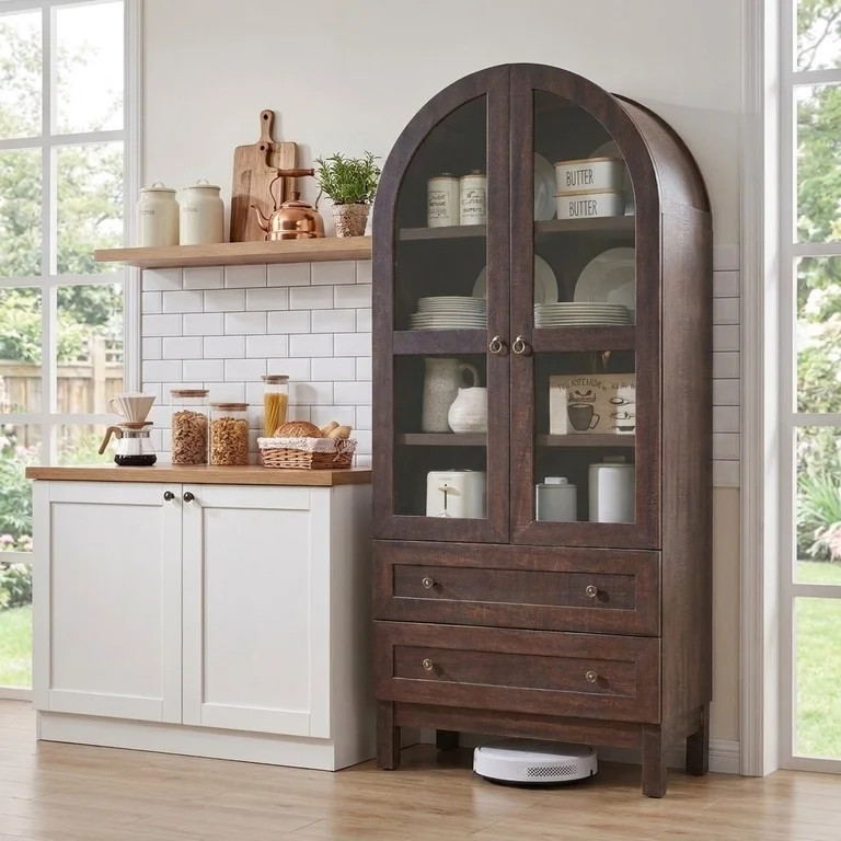 Aitjunz 71" Tall Arched Storage Cabinet with Glass Doors & 2 Drawers, Farmhouse Wood Pantry Cabin... | Walmart (US)
