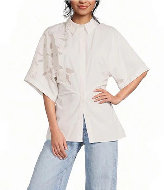 TOPSHOP Woven Oversized Cinched Waist Short Sleeve Point Collar Cutwork Top | Dillard's | Dillard's