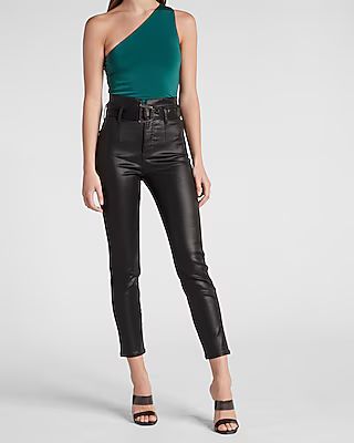 Super High Waisted Belted Black Coated Slim Jeans | Express