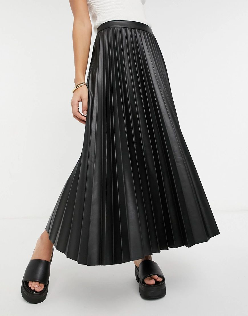 Mango pleated faux leather midi skirt in black | ASOS (Global)