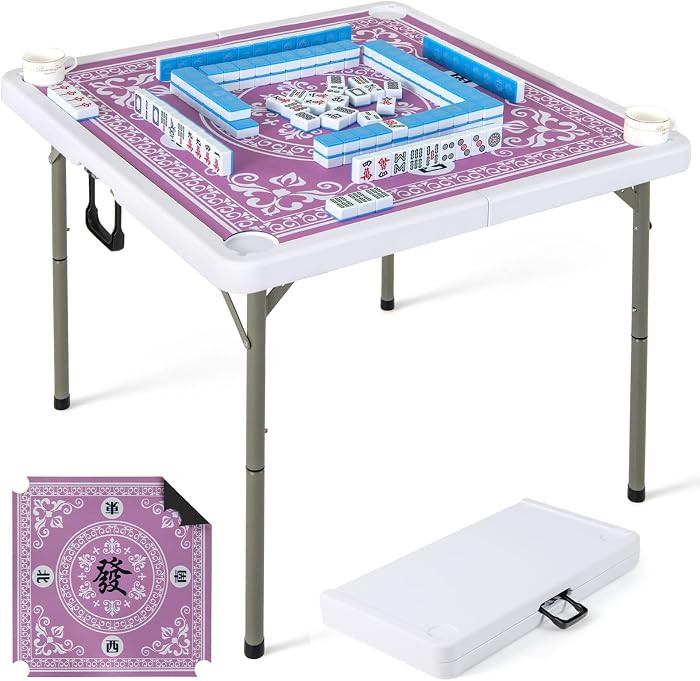 Goplus Mahjong Table, 35" Square Folding Card Table w/4Cup Holders, Anti Slip Mat, HDPE Tabletop, Metal Legs, Portable Mahjong Game Table for Domino Game, Picnic (Pink, Table w/Removable Mat) | Amazon (US)
