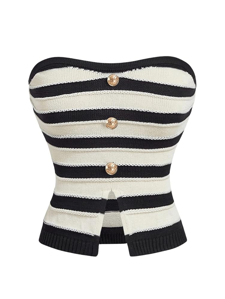 GORGLITTER Women's Strapless Knit Tube Top Slit Hem Sleeveless Button Up Striped Sleeveless Dress... | Amazon (US)