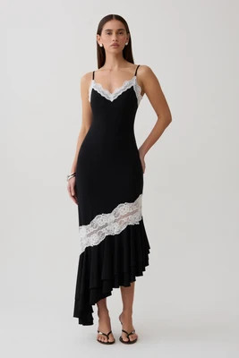 Annis Frilled Hem Lace Midi Dress / Black/White | MESHKI | M | MESHKI US