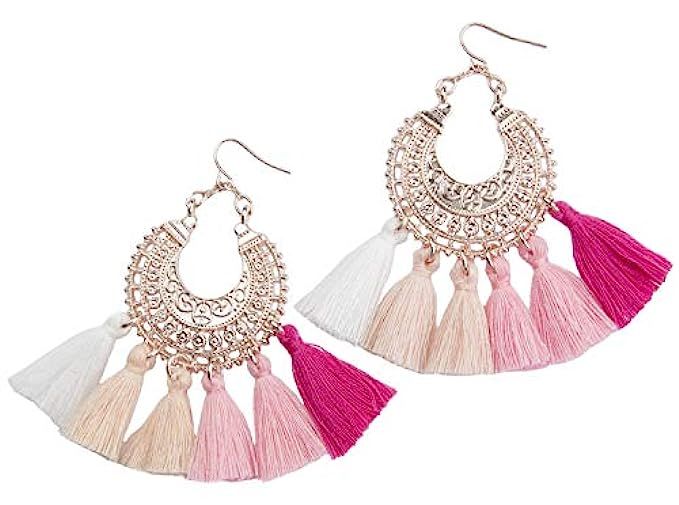 Rose Gold Tassel Earrings: Pink fringe gifts for women. Fashion drop dangle tassle earing by BLUSH & | Amazon (US)