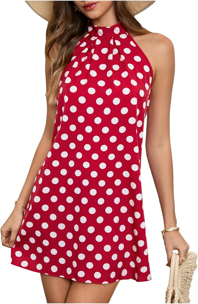 Floerns Women's Sleeveless Floral Print Sundress Halter Neck A Line Short Dress | Amazon (US)