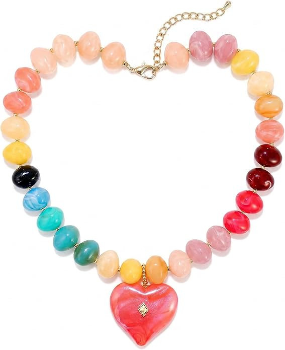 Chunky Beaded Necklace Colorful Resin Choker Necklace for Women Heart Statement Chunky Necklaces ... | Amazon (US)