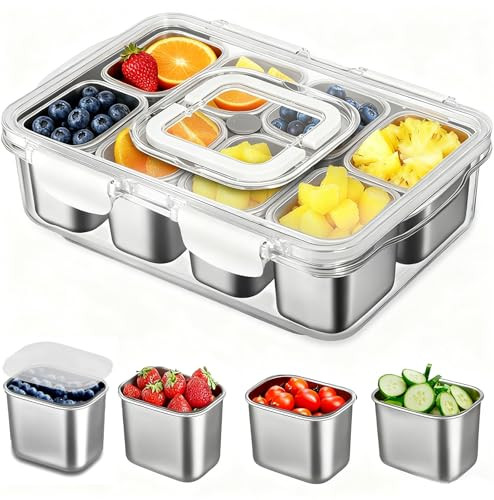 Snackle Box Container, Stainless Steel Divided Serving Tray with Lid and Handle, Large Snack Tray... | Amazon (US)