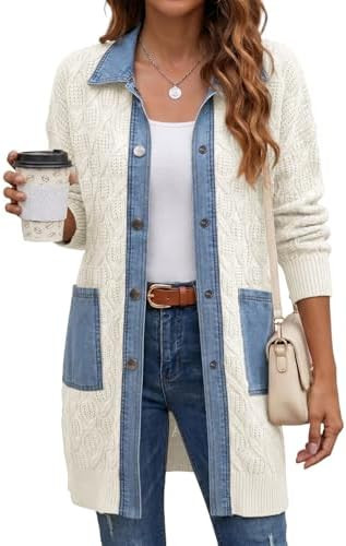 Dokotoo Cardigan Sweaters for Women Denim Patchwork Button Down Cable Knit Chunky Winter Clothing... | Amazon (US)