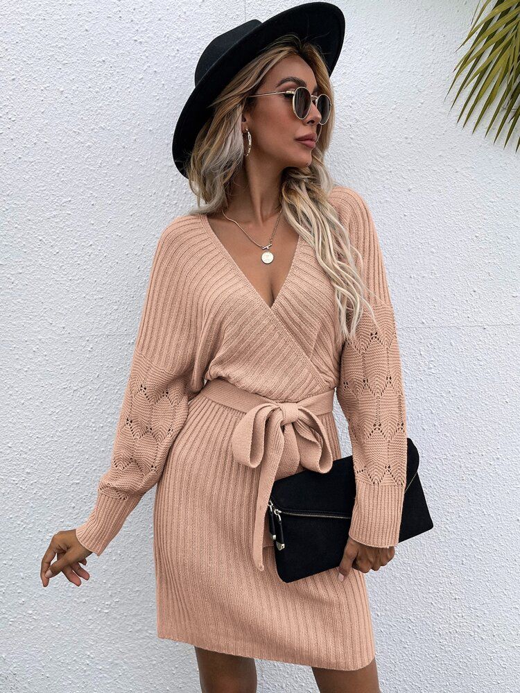 Surplice Neck Drop Shoulder Belted Sweater Dress | SHEIN