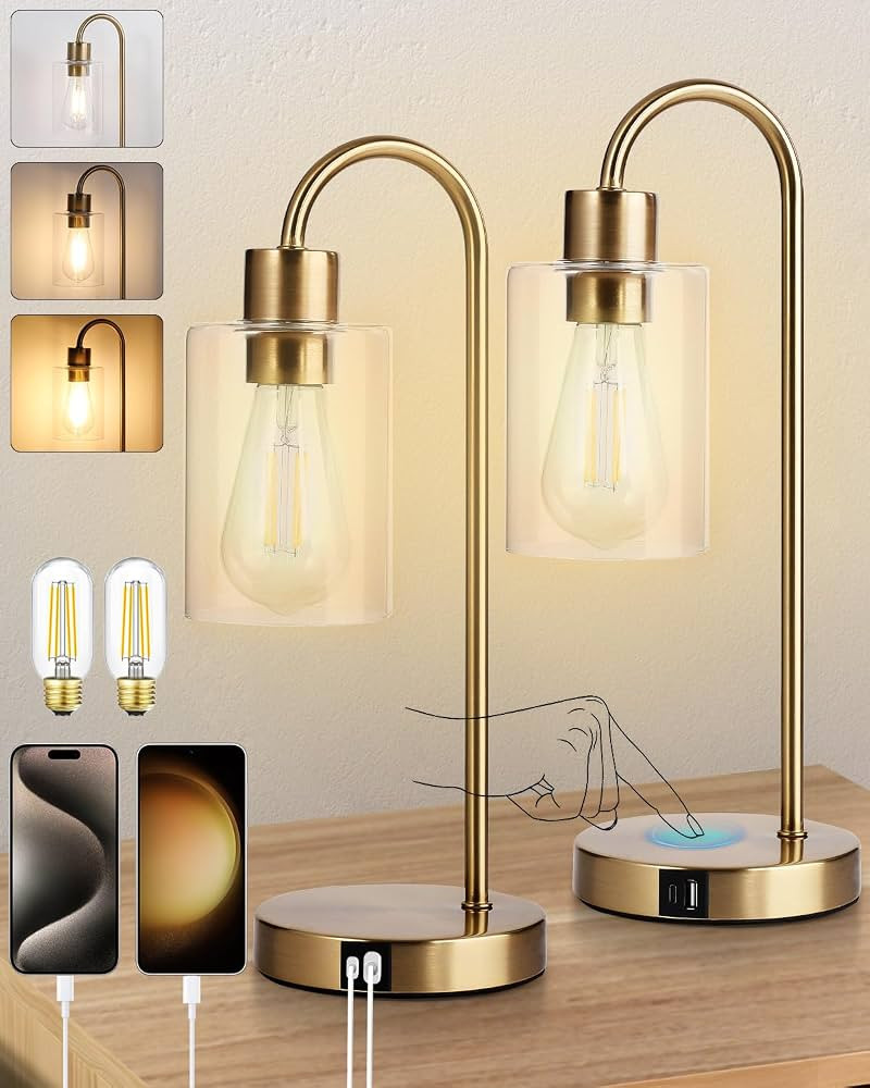 Bedside Lamps Set of 2, Gold Touch Table Lamp with USB C+A Ports, 3 Way Dimmable Bedroom Lamps wi... | Amazon (US)