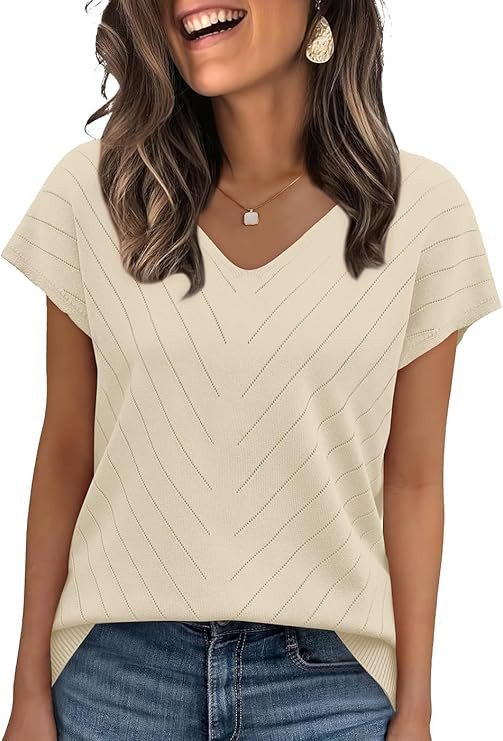 WIHOLL Short Sleeve Sweater for Women V Neck Trendy Summer Tops 2026 Beach Vacation Clothes Trave... | Amazon (US)