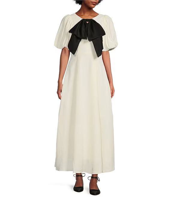 x Jennifer Sumko Caroline A-Line Cut-Out Tie-Neck Puff Sleeve Maxi Dress | Dillard's