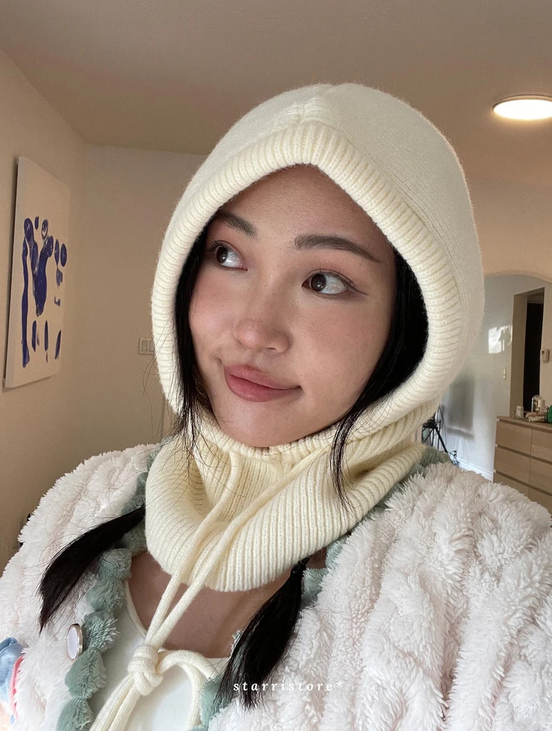 Korean Style Balaclava Cute Crochet Ski Mask Warm Balaclava Hooded Hat Drawstring Cowl Neck Scarf... | Etsy (US)