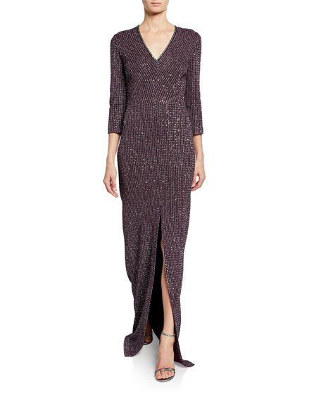 St. John Collection V-Neck Fine Sequin Tweed Gown with Front Slit | Neiman Marcus
