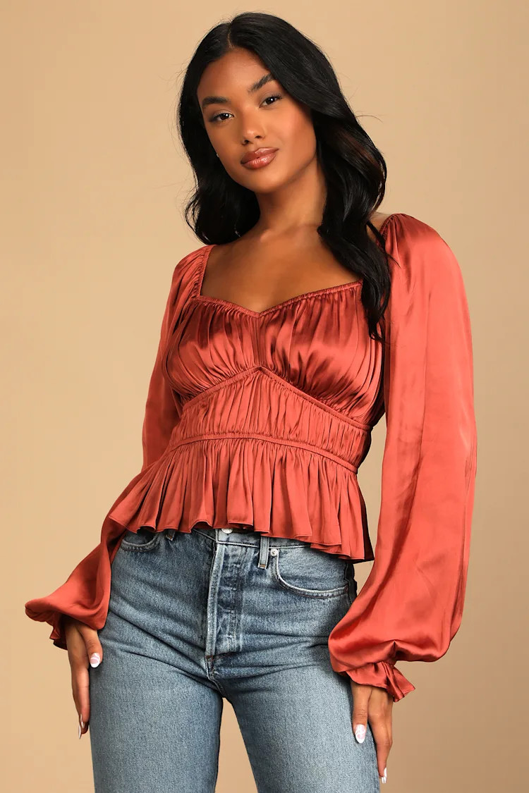 Sophisticate Rust Brown Satin Ruched Long Sleeve Top | Lulus (US)