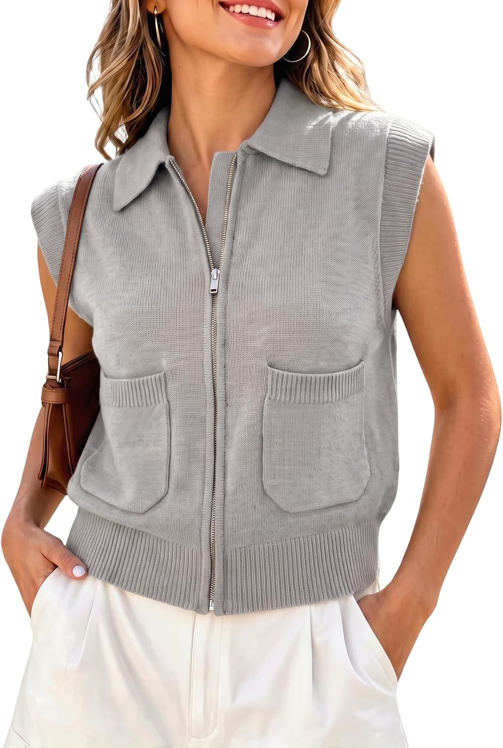 Zhiyouni Women's Zip Up Sweater Vest Sleeveless Knit Cardigan Collared Top | Amazon (US)