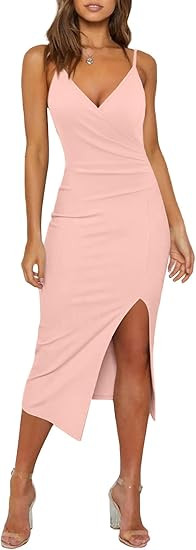 WAYMAKER Women's Sexy V Neck Spaghetti Strap Sleeveless Wrap Ruched Side Slit Bodycon Cocktail Pa... | Amazon (US)