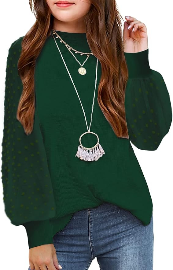Arshiner Girls Puff Long Sleeve Sweaters Crewneck Lace Polka Dot Casual Knit Tops Pullover Jumper... | Amazon (US)