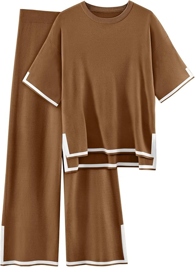 LILLUSORY Womens Two Piece Outfits Short Sleeve Knit Sweater Top Wide Leg Pants Lounge Sets | Amazon (US)