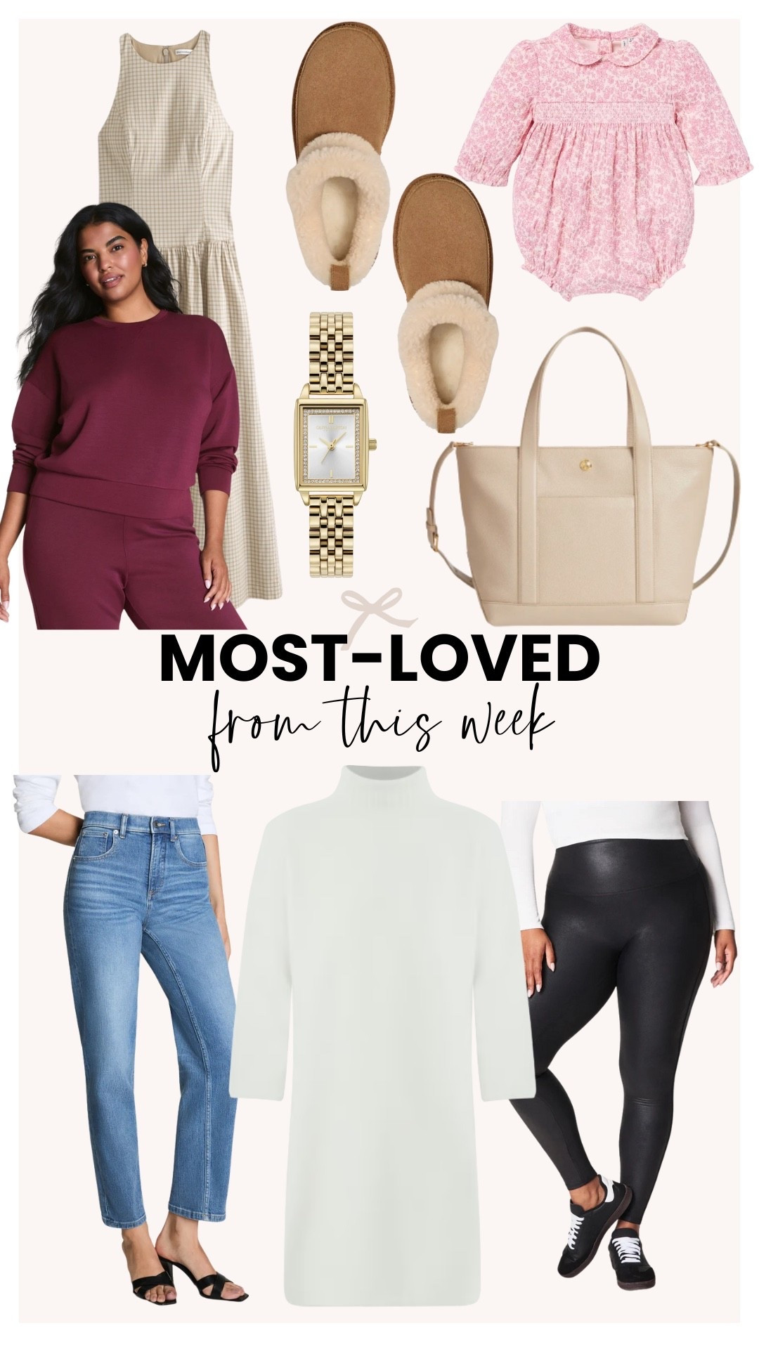 Most-loved items from this week! My favorite pieces are the white Tuckernuck sweater dress, the Nordstrom bag, and the gold watch! They would all work together for a cute outfit as well! Just add tall boots and you’ve got a chic fall fit. 

#LTKItBag #LTKSeasonal #LTKShoeCrush