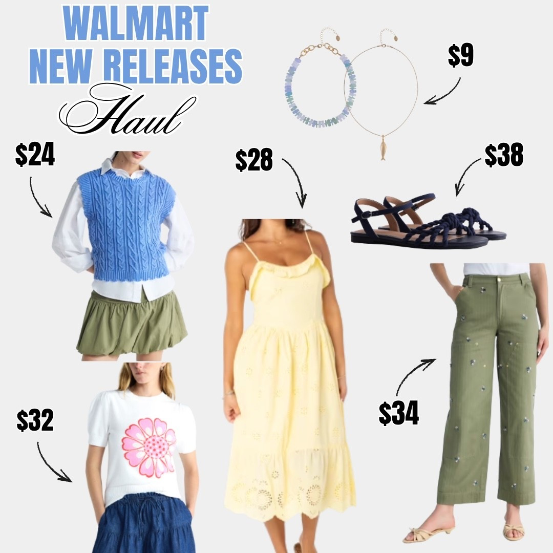 Walmart new releases that are making it impossible not to add everything to cart — and nothing is over $38 🤍✨ Blue cable knit sweater vest, pink daisy graphic tee, yellow eyelet ruffle midi dress, olive floral embroidered wide leg pants, navy knotted flat sandals, and the prettiest beaded fish charm necklace set — fresh, fun, and all completely worth it.

#LTKootd #LTKTall #LTKWorkwear