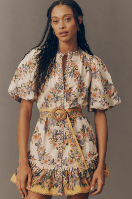 Farm Rio Sand Hilo Belted Short-Sleeve Mini Dress | Anthropologie (US)