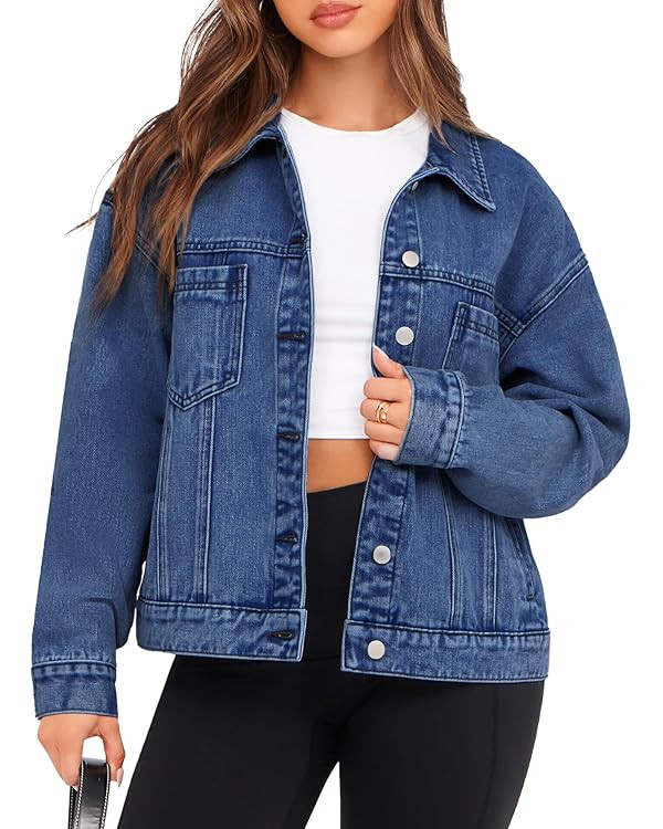 Glamaker Womens Oversized Jean Jacket Casual Long Sleeve Button Down Denim Jacket Fall Coat | Amazon (US)