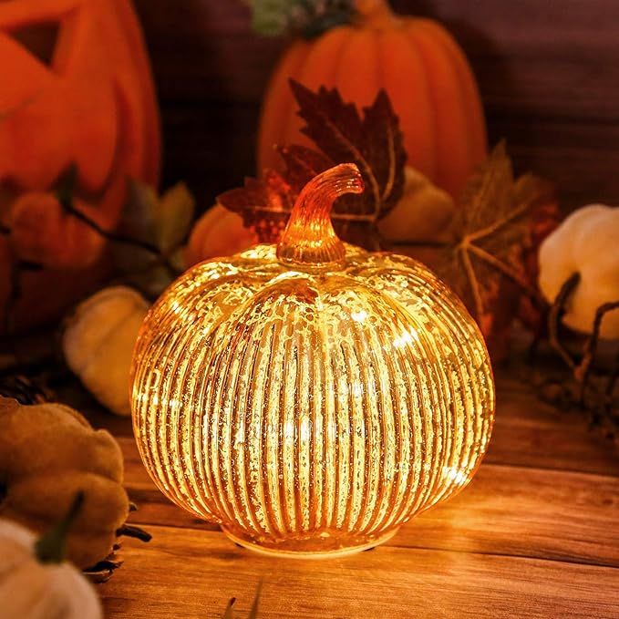 Mercury Glass Light up Pumpkin with Timer- Fall Decoration for Home-Halloween Decorations (Gold) | Amazon (US)