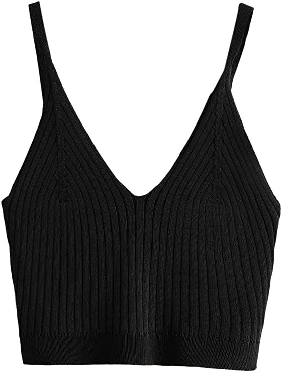 SweatyRocks Women's V Neck Crop Cami Top Ribbed Knit Spaghetti Strap Sleeveless Vest | Amazon (US)