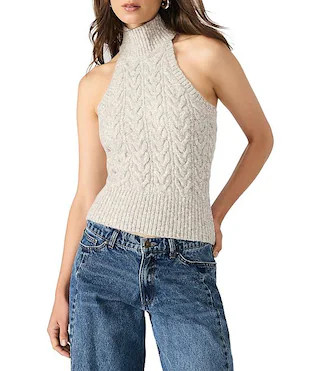 Alina Halter Neck Sleeveless Metallic Cable Knit Sweater | Dillard's