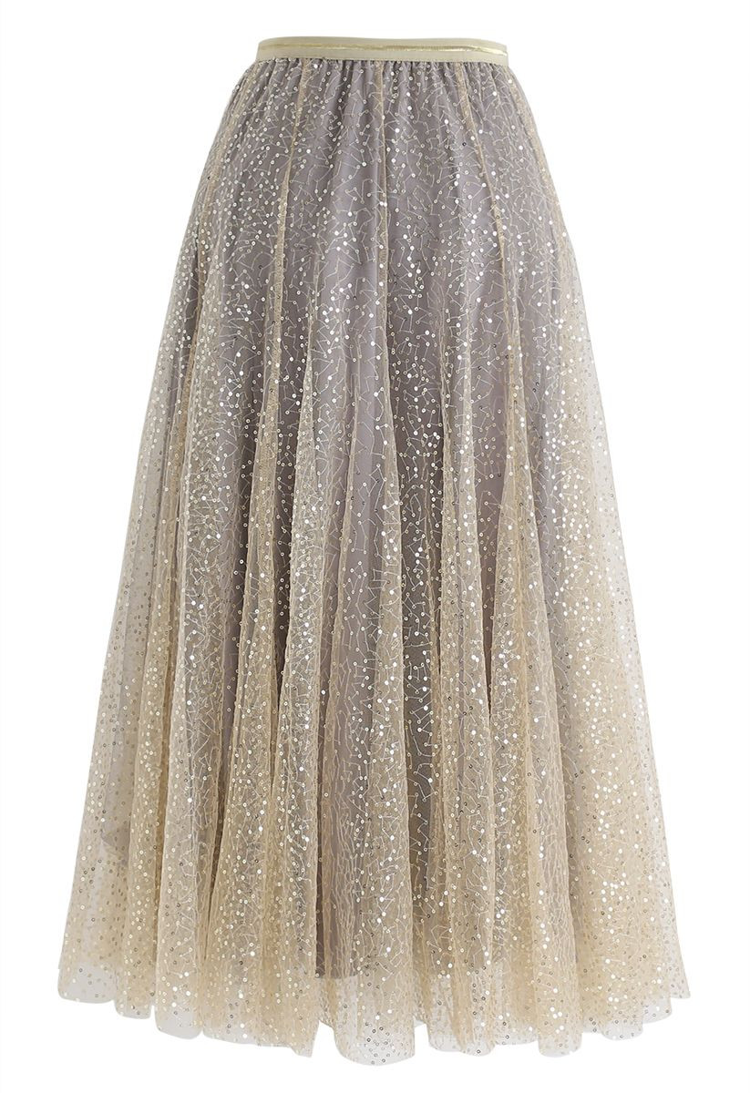 Shimmer Sequins Embroidered Mesh Tulle Pleated Skirt | Chicwish