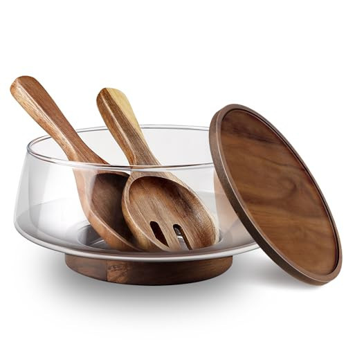Large Glass Salad Bowls Set with Acacia Wood Base and Lid and Salad Serving Utensils, Elegant and Practical Salad Bowls for Kitchen Essentials Party | Amazon (US)