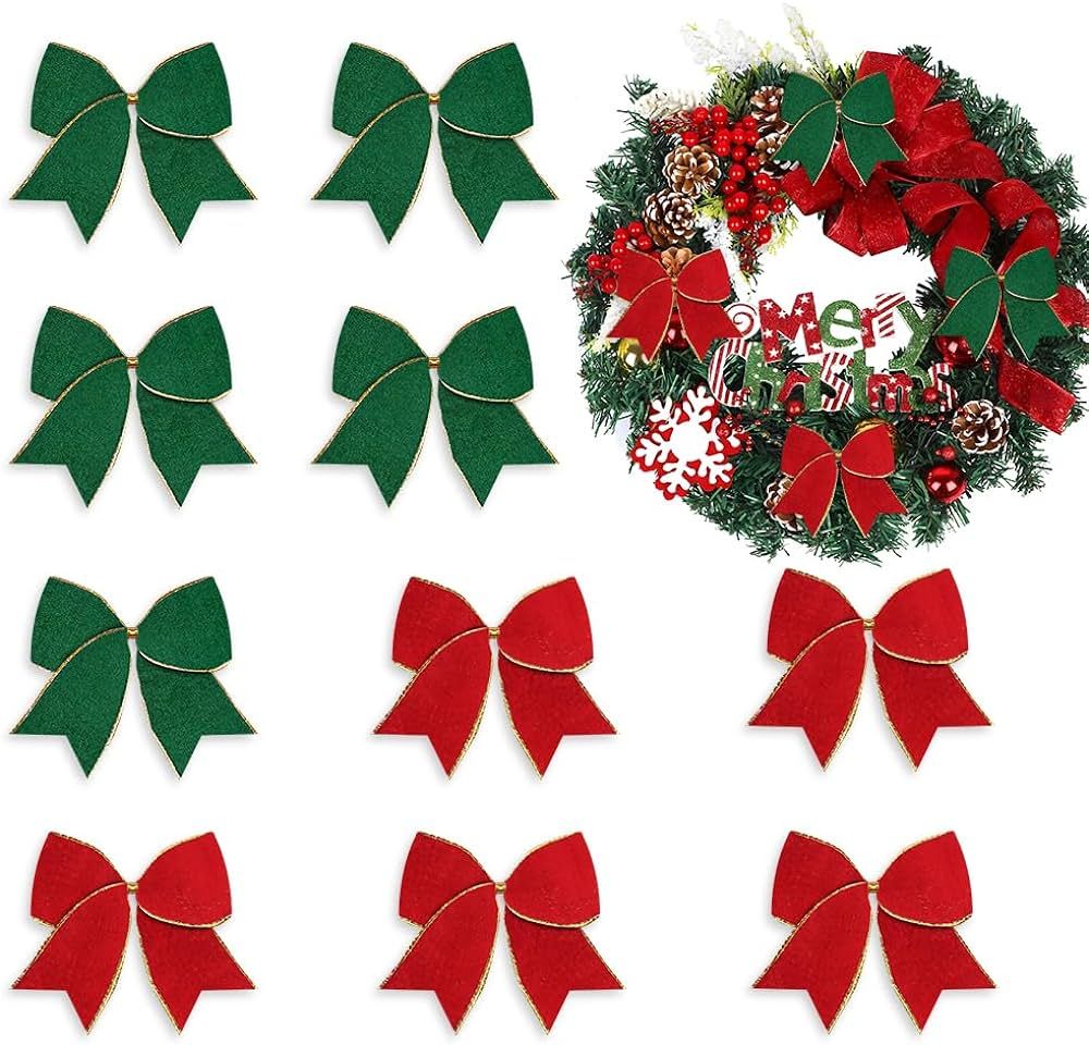 10PCS Christmas Wreath Bows Christmas Decor Bows Red Green Matching Velvet Burlap Bows for Wreath... | Amazon (US)