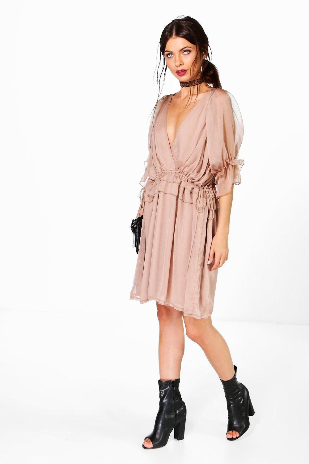 Boutique Soph Ruffle Detail Wrap Front Dress mink | Boohoo.com (US & CA)