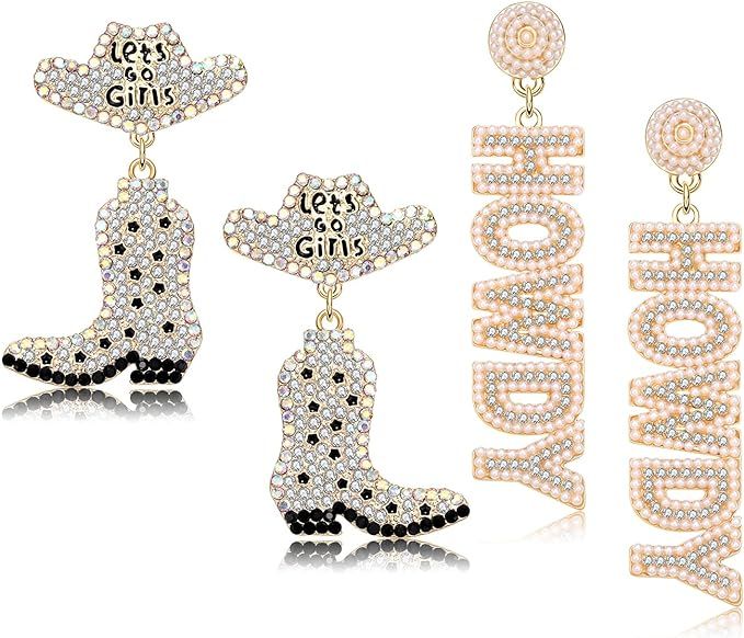2 Pairs Western Cowgirl Earrings for Women Sparkly Rhinestone Cowboy Boot Hat Dangling Earrings F... | Amazon (US)