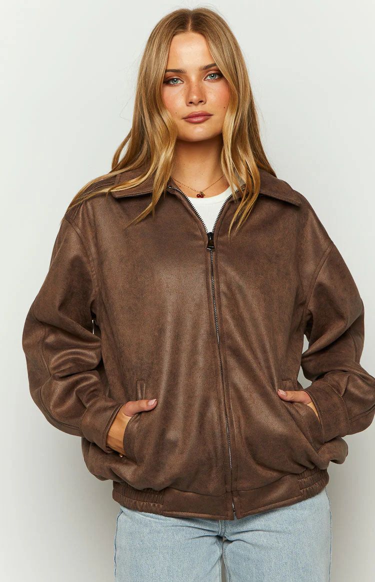 Abbi Brown Faux Suede Bomber Jacket | Beginning Boutique (US)