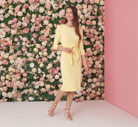 Brighten up your workday with KNIT CREPE BOW SHEATH DRESS WITH THREE QUARTER SLEEVES IN WARM SUN. Wedding guest dress #outfitinspo #springdress #springoutfit

#LTKwedding #LTKstyletip #LTKworkwear