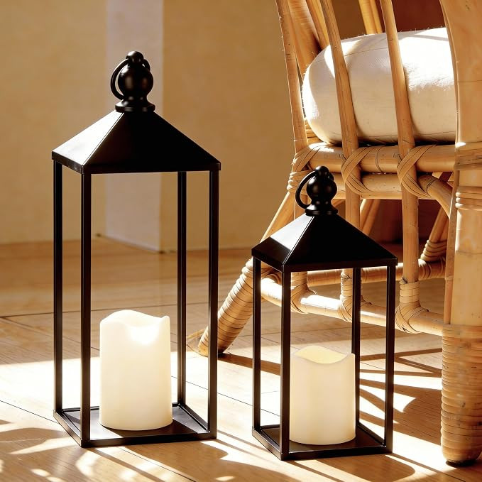 Decorative Lanterns for Indoor & Outdoor, Set of 2 Black Metal Lanterns (17" & 13") with LED Time... | Amazon (US)