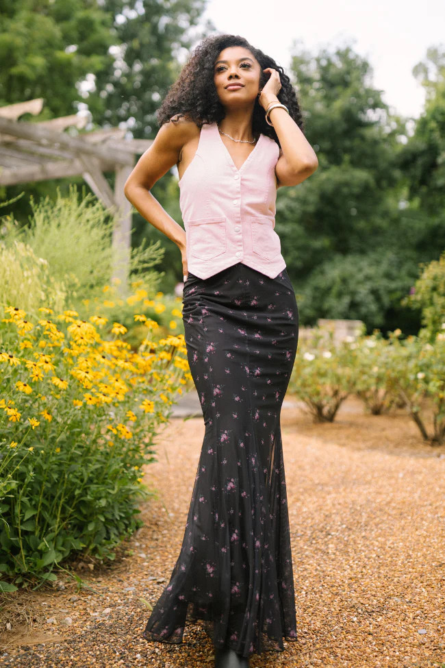 Anna Marie Black Floral Knit Maxi Skirt | Pink Lily