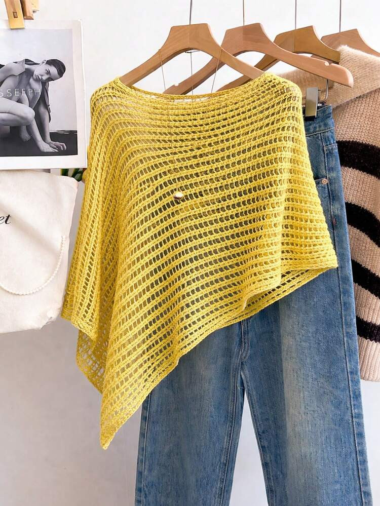 GlowEve Women's Elegant Solid Color Asymmetric Hem Hollow Knit Cover Up, Spring/Summer | SHEIN