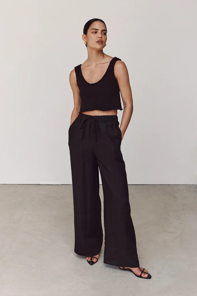 GINA BLACK LINEN ELASTIC WAIST PANT | DISSH