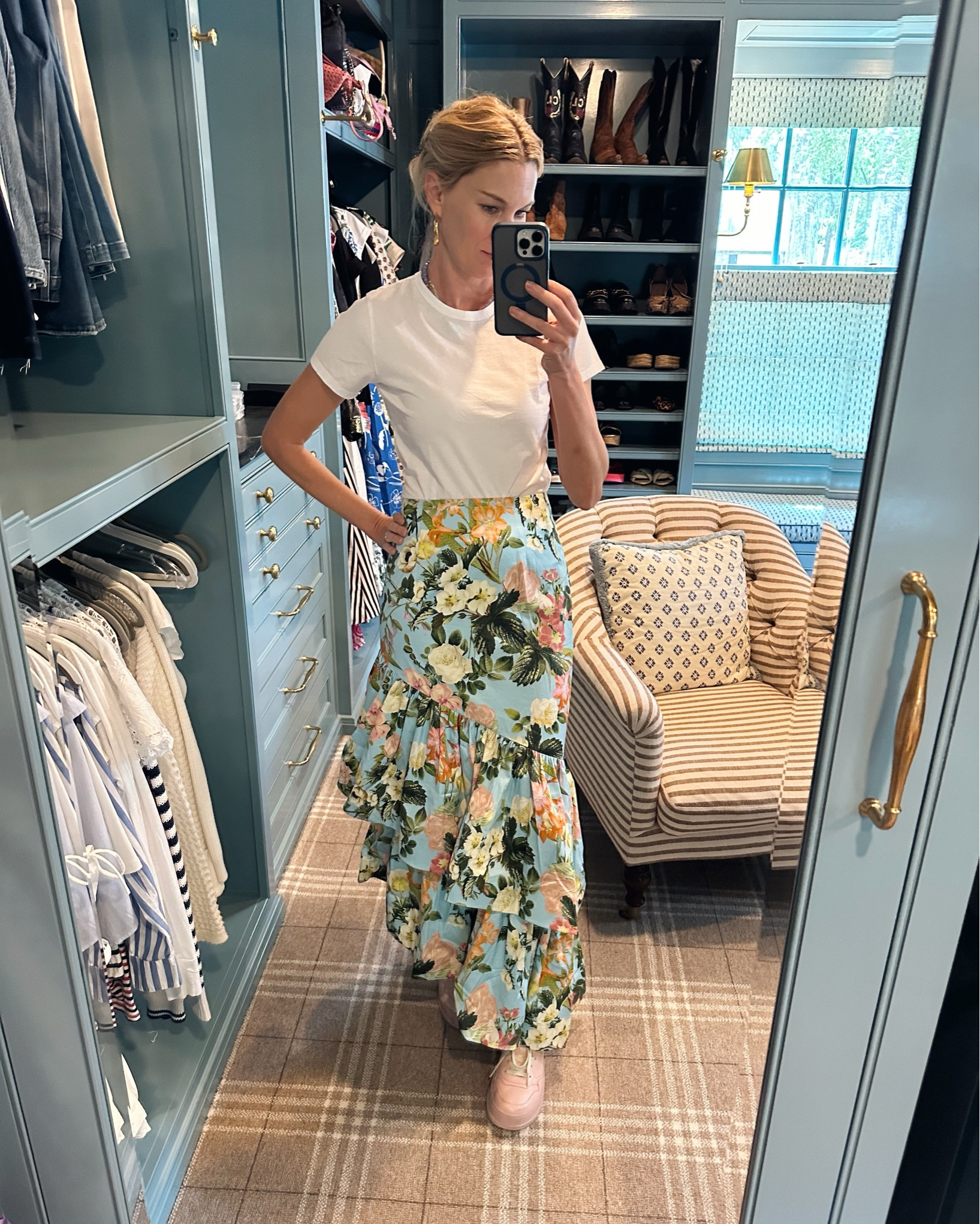 THIS SKIRT IS ON SALE!! Have you ever seen a prettier skirt?! I freaked when I saw this skirt online… I had to have it! Then I noticed it was on sale at a deep discount, which made me wonder why? I’ve noticed Cara Cara’s sizing is all over the place, so when I looked at the size chart, it all made sense. The sizing for this skirt is completely off. Not to worry, I’m going to help you get the right size. My natural waist is 28” around (I’m usually a 25 in jeans), so I ordered the size 4 which was a 27.5” waist on the size chart. It fits great! Basically, measure your natural waist (the smallest part of your waist just below your rib cage), and choose the size that is closest to your measurement on the size chart provided. P.S. Also loving this new basic white tee I recently found! I’m wearing an xs. 

#LTKSaleAlert #LTKParties #LTKWedding