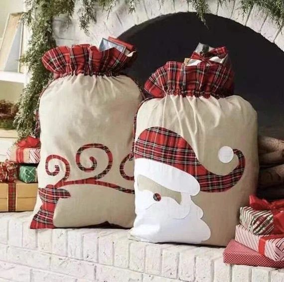 Personalized Burlap with plaid Santa Sacks Reindeer Santa | Etsy | Etsy (US)